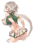  ass bare_shoulders braid breasts cloud_print embarrassed from_behind hands_on_ass kantai_collection large_breasts long_hair looking_at_viewer midriff miniskirt remodel_(kantai_collection) short_sleeves silver_hair single_braid skirt solo strap_gap thighs unryuu_(kantai_collection) very_long_hair wavy_mouth yamaarashi yellow_eyes 