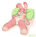  anthro badgegrab barefoot blush briefs buckteeth bulge clothed clothing eyes_closed featureless_legs half-dressed khiuli lagomorph lying male mammal navel nintendo nintendo_badge_arcade on_back perspective pillow rabbit sleeping solo teeth topless underwear video_games 