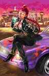  between_breasts braid breasts car crimson_viper dark_skin drink formal ground_vehicle highres kinoshita_reiko large_breasts lips long_hair motor_vehicle necktie necktie_between_breasts on_vehicle one_eye_closed pompadour red_hair sitting solo street_fighter street_fighter_iv_(series) suit sunglasses 