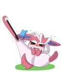  2015 ambiguous_gender blush canine crying cute dlrowdog eeveelution feral fur humor mammal multicolored_fur nintendo pink_fur pok&eacute;mon simple_background solo stretching stylus sylveon tears tongue video_games what white_fur 