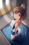 asaoka_(0x0) brown_eyes brown_hair i-401_(kantai_collection) kantai_collection ponytail pool school_swimsuit solo swimsuit tan towel 