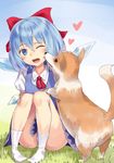  ass blue_dress blue_eyes blue_hair blush cirno dog doonatsu. dress full_body hair_ornament hair_ribbon heart ice ice_wings one_eye_closed open_mouth panties pantyshot pantyshot_(sitting) puffy_sleeves ribbon short_hair short_sleeves sitting smile socks solo touhou underwear white_legwear wings 