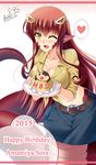  2015 ;d amamiya_sora breasts butter-t cake cleavage collarbone fang food hair_ornament hairclip happy_birthday heart lamia large_breasts long_hair miia_(monster_musume) monster_girl monster_musume_no_iru_nichijou navel one_eye_closed open_mouth pointy_ears red_hair scales shirt signature slit_pupils smile solo spoken_heart tied_shirt yellow_eyes 