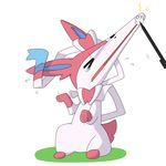  2015 ambiguous_gender canine crying cute dlrowdog eeveelution feral fur humor mammal multicolored_fur nintendo pink_fur pok&eacute;mon simple_background solo stretching stylus sylveon tears tongue video_games what white_fur 