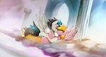  black_hair blonde_hair blue_hair butt cloud cutie_mark duo equine eyes_closed fan_character female fur grin hair happy hooves hug lying male mammal multicolored_hair nude nuzzling on_back outside pegasus pillar pink_fur sky smile two_tone_hair wings yellow_eyes yellow_tail zero-sum 