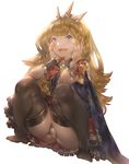  :d aos bangs black_legwear blonde_hair bow bracer cagliostro_(granblue_fantasy) cape crotch fingernails full_body granblue_fantasy hairband hands_on_own_cheeks hands_on_own_face long_hair no_shoes open_mouth panties pantyshot pantyshot_(squatting) purple_eyes red_skirt simple_background skirt smile solo spikes squatting thighhighs underwear white_background white_panties 