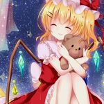  blonde_hair blush closed_eyes crystal flandre_scarlet hair_ornament hairclip hat hat_ribbon jpeg_artifacts mob_cap mumu-crown puffy_sleeves ribbon shirt short_hair short_sleeves side_ponytail sitting skirt skirt_set smile solo sparkle stuffed_animal stuffed_toy teddy_bear touhou vest wings 