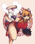  :d bamboo_steamer baozi bare_legs blonde_hair blue_eyes blush breasts bun_cover china_dress chinese_clothes commentary_request cup curvy date_pun double_bun dress earrings food good_meat_day hips jewelry large_breasts long_hair looking_at_viewer meat_day no_socks number_pun open_mouth plump simple_background smile solo teapot thick_thighs thighs tray xration 