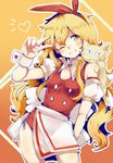  ;) blonde_hair cat cleavage_cutout closed_mouth ellen gradient gradient_background hairband heart long_hair looking_at_viewer one_eye_closed orange_background smile sokrates_(touhou) solo touhou touhou_(pc-98) v wadante yellow_eyes 