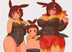  belly breasts brown_hair cameltoe child emboar fang fat flat_chest gen_5_pokemon hizuki_akira huge_breasts large_breasts leotard multiple_girls personification pignite plump pokemon short_hair tepig thick_thighs thighs 