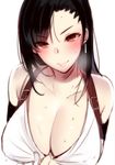  black_hair blush breasts breath brown_eyes cleavage earrings final_fantasy final_fantasy_vii hase_neet jewelry large_breasts long_hair naughty_face shirt_pull sketch smile solo suspenders tifa_lockhart upper_body 