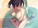  bikini black_hair bottle breasts cleavage ere_(2516325) green_eyes kantai_collection large_breasts short_hair sitting solo souryuu_(kantai_collection) swimsuit twintails wariza 