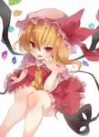  ascot asymmetrical_wings blonde_hair bloom collarbone dress fang flandre_scarlet from_above hair_between_eyes hat laevatein looking_at_viewer mob_cap open_mouth red_dress red_eyes side_ponytail simple_background sitting slit_pupils smirk solo touhou white_background wings yamaarashi 