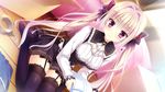  black_legwear duct_tape dutch_angle flower game_cg highres hiiragi_mio holding_clothes kimishima_ao koi_suru_kimochi_no_kasanekata lace lace-trimmed_thighhighs long_hair looking_at_viewer purple_eyes red_flower ribbon smile solo thighhighs twintails white_hair 