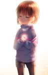  androgynous artist_name backlighting brown_hair brown_legwear closed_eyes cowboy_shot expressionless frisk_(undertale) glowing hands_on_own_chest heart highres pantyhose sasucchi95 short_hair shorts simple_background solo standing striped striped_sweater sweater turtleneck undertale white_background 