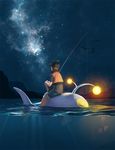  fishing_line fishing_rod from_behind gen_1_pokemon gen_2_pokemon gen_3_pokemon hat kezrek lanturn legendary_pokemon light looking_up luvdisc mew night pokemon pokemon_(creature) pokemon_trainer shorts sky star_(sky) starry_sky vest watermark web_address wingull 