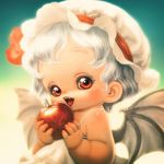  apple bad_id bad_pixiv_id bat_wings food fruit hat open_mouth red_eyes remilia_scarlet short_hair silver_hair solo souri touhou wings 