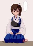  1girl 2015 4suke artist_name bangs brown_eyes brown_hair dated expressionless hair_between_eyes japanese_clothes kaga_(kantai_collection) kantai_collection long_sleeves looking_away looking_to_the_side muneate seiza short_hair side_ponytail silver_background sitting solo speech_bubble spoken_ellipsis wide_sleeves 