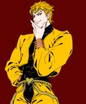  artist_name blonde_hair demi_(02670430) dio_brando earrings hand_on_hip highres jewelry jojo_no_kimyou_na_bouken male_focus red_background red_eyes signature smile smug solo turtleneck upper_body 
