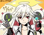 0_0 1girl :d :| ankh annoyed bangs beige_background black_gloves blush bodysuit buckle candy closed_mouth collarbone dated demon demon_wings diamond_(shape) eyebrows_visible_through_hair floating food french_maid furrowed_eyebrows gloves glowing glowing_eyes glowing_mouth green_eyes guilty_gear guilty_gear_xrd hair_between_eyes half-closed_eyes halo hands_up heart holding holding_food jack-o'_valentine knight_servant lollipop long_hair looking_away looking_to_the_side magician_servant multicolored multicolored_clothes multicolored_gloves multicolored_hair no_mask open_mouth outline parted_lips pocky pocky_day red_eyes red_gloves red_hair simple_background smile straight_hair twitter_username two-tone_hair upper_body v-shaped_eyebrows wavy_mouth white_bodysuit white_hair wing_collar wings 