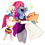  &lt;3 alphys bone clothing eye_patch eyewear female fish grin hair happy hug male marine monster papyrus red_hair scalie scarf scientist simple_background skeleton smile undertale undyne video_games white_background yhoukka 