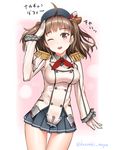  bad_id bad_pixiv_id breasts brown_hair cosplay gloves hat kantai_collection kanzaki_muyu kashima_(kantai_collection) kashima_(kantai_collection)_(cosplay) large_breasts military military_uniform miniskirt naka_(kantai_collection) one_eye_closed salute short_hair skirt smile solo thigh_gap uniform 