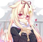 alternate_costume bag bespectacled black_sweater blonde_hair blush dog_tail glasses gradient_hair hair_flaps hair_ornament hair_ribbon hairclip heart hug kantai_collection long_hair long_sleeves looking_at_viewer messy_hair multicolored_hair natsu_(anta_tte_hitoha) object_hug red-framed_eyewear red_eyes remodel_(kantai_collection) ribbon scarf semi-rimless_eyewear sleeves_past_wrists smile solo steam straight_hair sweater tail tail_wagging under-rim_eyewear white_scarf yuudachi_(kantai_collection) 