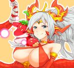  3_1 bandages blonde_hair blue_eyes bracelet breasts choker circlet cleavage criss-cross_halter crossed_arms dragon echidna_(p&amp;d) elbow_gloves gloves grey_hair halter_top halterneck hug huge_breasts jewelry lamia long_hair lowres monster_girl puzzle_&amp;_dragons red_gloves smile strawberry_dragon_(p&amp;d) tail 