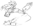  2011 alien bandage claws clothed clothing fur hair horn jaggard male model_sheet packmind simple_background sitting sketch solo spacecraft stinger toe_claws vehicle white_fur 