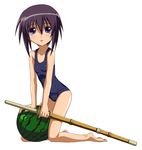  arm_support bamboo_blade bare_shoulders breasts collarbone food fruit full_body kawazoe_tamaki kneeling looking_at_viewer one-piece_swimsuit open_mouth purple_eyes purple_hair school_swimsuit shinai short_hair simple_background small_breasts solo swimsuit sword watermelon weapon white_background winbee_(selkie) 
