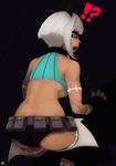  ! ? ?! absurd_res animal_humanoid blue_eyes blush breasts butt cat_humanoid clothing collar dark_skin feline female fingerless_gloves gloves hair hi_res humanoid looking_back mammal ms._fortune open_mouth pouch scar skullgirls solo under_boob white_hair パグ山 