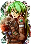  armored_core armored_core:_for_answer green_eyes green_hair headwear_removed helmet helmet_removed highres jonasan_(bad-t) long_hair may_greenfield pilot_suit smile smiley_face solo 