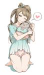  akimoto_(akmt_t) barefoot blush bow bow_panties brown_hair frilled_panties frills heart long_hair love_live! love_live!_school_idol_project minami_kotori minami_kotori_(bird) one_eye_closed one_side_up panties polka_dot polka_dot_panties seiza simple_background sitting smile spoken_heart underwear white_background 