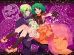  1girl ahoge ai-kun alternate_costume black_gloves bow bowtie brera_sterne brother_and_sister carrying cero_(cerocero) cleavage_cutout dress flower formal gloves green_hair high_heels highres looking_at_viewer macross macross_frontier nail_polish official_style open_mouth orange_dress outstretched_arm princess_carry ranka_lee red_eyes see-through short_hair siblings smile sparkle tuxedo 