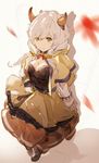  autumn_leaves bangs belt breasts camieux capelet cleavage draph frilled_skirt frills granblue_fantasy green_eyes hair_between_eyes horns large_breasts long_hair long_skirt long_sleeves low_twintails silver_hair skirt smile so-bin solo standing twintails 