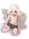  5_fingers bed black_nose canine clothed clothing dog half-closed_eyes half-dressed kneeling male mammal navel nipples red_eyes solo squint topless underwear young だくてん 
