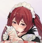  1girl blush bridal_gauntlets censored facial fire_emblem fire_emblem:_kakusei fire_emblem_if hair_ribbon headdress licking long_hair looking_at_viewer luna_(fire_emblem_if) maid maid_headdress open_mouth oral red_eyes red_hair ribbon sexually_suggestive simple_background solo_focus squeeze_bottle suggestive_fluid tongue tongue_out twintails unsomnus 