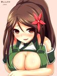  amagi_(kantai_collection) bare_shoulders blush breast_press breasts brown_eyes brown_hair cleavage cleavage_cutout colored_eyelashes flower hair_between_eyes hair_flower hair_ornament highres kantai_collection large_breasts long_hair looking_at_viewer mole mole_under_eye ponytail remodel_(kantai_collection) saboten_teishoku solo 