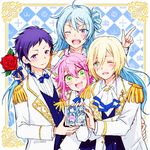  :3 ;d ahoge blonde_hair blue_eyes blue_hair blush bow bowtie boy_sandwich cd_case cravat ensemble_stars! epaulettes fine_(ensemble_stars!) fushimi_yuzuru green_eyes hibiki_wataru himemiya_touri long_hair male_focus multiple_boys one_eye_closed open_mouth pink_hair purple_eyes purple_hair release_date ribbon sandwiched sidelocks smile tamaki-7kg tenshouin_eichi v-shaped_eyebrows 