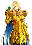  armor blonde_hair blue_eyes drill_hair flower gauntlets gold_cloth hair_over_one_eye highres holding holding_flower long_hair looking_at_viewer saint_seiya shoulder_armor simple_background solo spaulders white_background 