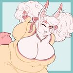  &lt;3 &lt;3_eyes anthro big_breasts bow breasts buckteeth cleavage clothed clothing female fur hair hair_bow huge_breasts lagomorph looking_at_viewer mammal myan_(artist) necklace one_eye_closed overweight pink_eyes rabbit smile solo teeth white_fur white_hair wink 