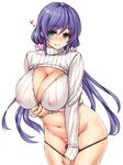  aqua_eyes belly blush breasts cleavage covered_nipples cowboy_shot hayama_kazusa heart huge_breasts long_hair long_sleeves looking_at_viewer love_live! love_live!_school_idol_project meme_attire navel no_pants nose_blush open-chest_sweater panties panty_pull parted_lips plump purple_hair ribbed_sweater shiny shiny_skin simple_background skindentation sleeves_past_wrists smile solo sweater thick_thighs thighs toujou_nozomi turtleneck twintails underwear very_long_hair white_background 