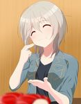  :t ^_^ absurdres anastasia_(idolmaster) black_shirt blue_jacket blurry blush closed_eyes collarbone eating food foodgasm hair_between_eyes highres idolmaster idolmaster_cinderella_girls jacket open_clothes shirt short_hair silver_hair solo taka_(takahirokun) 