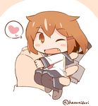  blush_stickers brown_eyes brown_hair fang hands hanomido heart holding ikazuchi_(kantai_collection) kantai_collection looking_at_viewer minigirl one_eye_closed open_mouth out_of_frame school_uniform serafuku short_hair skirt solo_focus spoken_heart thighhighs twitter_username 