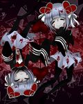  =_= artist_name blood blood_drip blood_on_face bloody_clothes bloody_hair bob_cut bow bowtie broken_glass capelet coco_(mahou_shoujo_of_the_end) commentary dripping glass grey_hair hair_ornament heart heart_hair_ornament highres kyounuma lolo_(mahou_shoujo_of_the_end) long_sleeves magical_girl mahou_shoujo_of_the_end multiple_girls oversized_clothes pantyhose siblings skirt triangle twins very_long_sleeves 