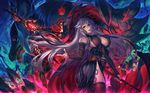  bare_shoulders belt black_legwear breasts detached_sleeves granblue_fantasy hat highres large_breasts lips long_hair looking_at_viewer magisa_(granblue_fantasy) morax_(granblue_fantasy) open_mouth red_eyes revision side_slit silver_hair simosi smile solo staff thighhighs witch_hat 