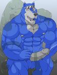  abs anthro balls biceps big_muscles black_nose blue_fur canine cum digimon duo erection fur machgaogamon male mammal manly muscular muscular_male nipples nude open_mouth pecs penis sharp_teeth simple_background slime slime_monster teeth tongue wolf 