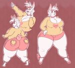  &lt;3 anthro barefoot big_breasts big_butt bow breasts buckteeth butt cleavage clothed clothing female fur hair huge_breasts huge_butt lagomorph mammal myan_(artist) open_mouth overweight pink_eyes pointing rabbit smile solo teeth white_fur 