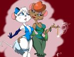  beaglebabe1 beauty_mark blue_eyes bow breasts brown_fur burlesque cigarette cigarette_holder cleavage clothed clothing disney duo female fur garter green_eyes grope hair implied_lesbian miss_kitty_mouse red_hair smile the_great_mouse_detective uncomfortable white_fur 