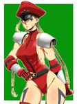  abs alternate_costume bad_id bad_pixiv_id belt blonde_hair blue_eyes braid breasts cammy_white cosplay elbow_gloves fingerless_gloves gloves green_background hat highleg highleg_leotard large_breasts leotard long_hair muscle muscular_female peaked_cap red_leotard scar shoulder_pads sideboob solo street_fighter street_fighter_iv_(series) takehana thighhighs twin_braids vega vega_(cosplay) 